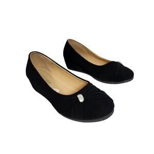 Belladia Black Sued Wedge Flats Rhinestone Embellished Womens Sz 7 office career